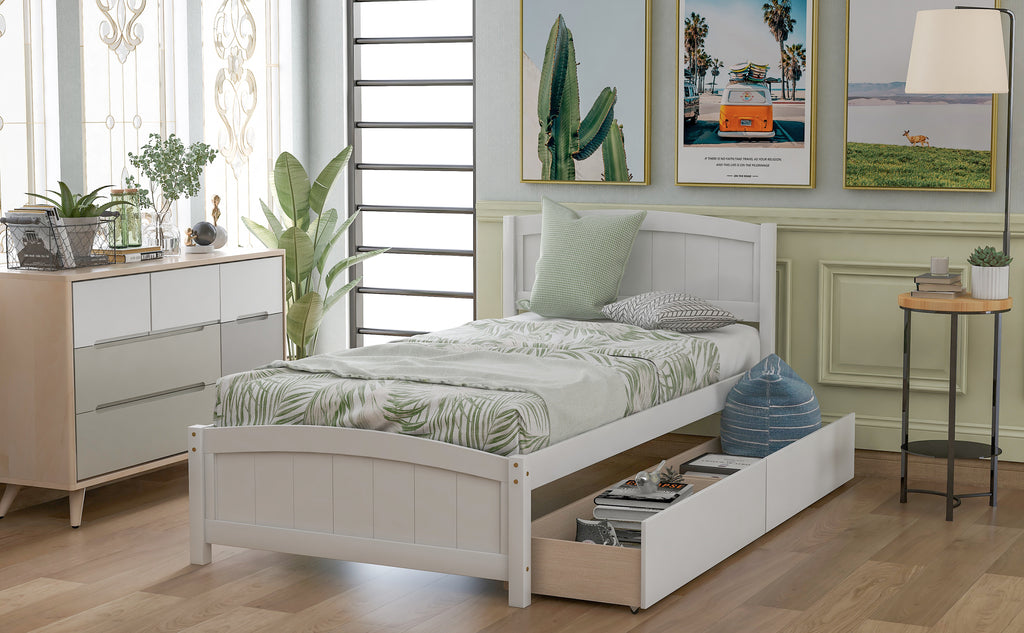 White solid wood twin bed in bedroom setting
