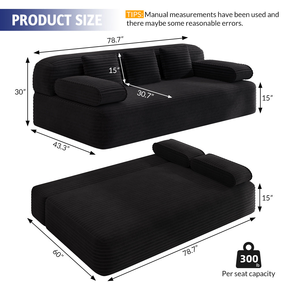 78.7' Frameless Sofa,2-in-1 Convertible Sofa Bed with 3 Pillows – Plush Corduroy Fabric, Multi-Functional 3-Seater Couch for Small Spaces, Apartments and Bedrooms,Beige