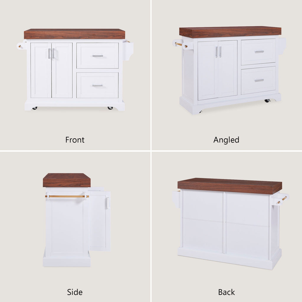 K&K 53' Large Kitchen Island with 3.5' Thick Desktop, Spice and Towel Racks, Rolling Kitchen Island with Storage on 5 Wheels, 2 Extra-large Drawers, for Home, Kitchen, Dining Room, Black