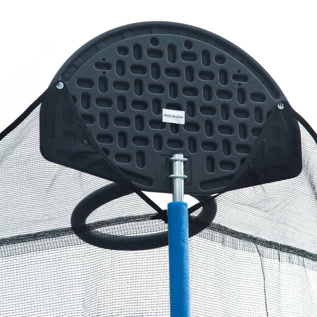 Blue trampoline triangle net around basketball backboard detail