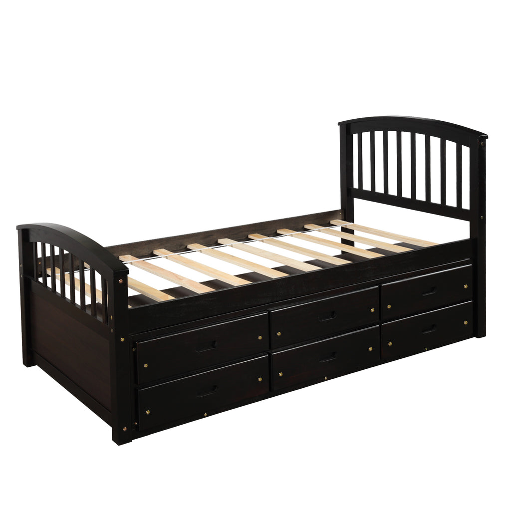 Espresso twin platform bed side profile with drawers