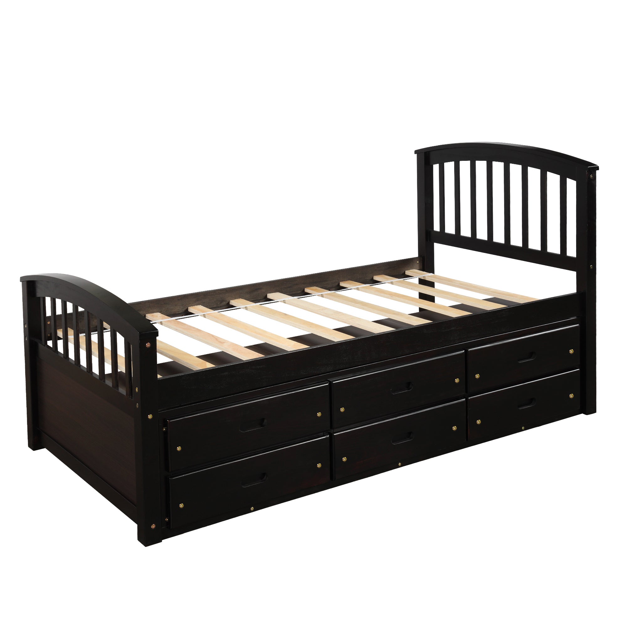 Espresso twin platform bed side profile with drawers