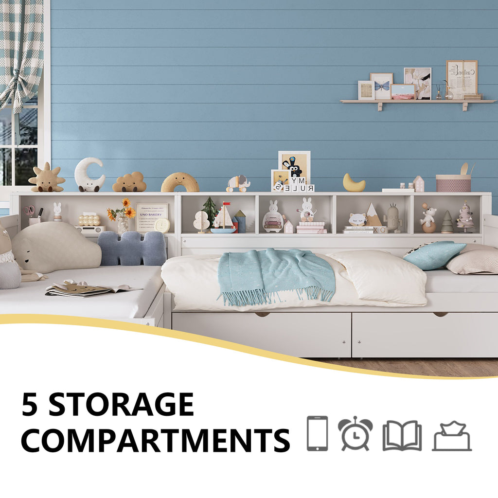 Twin Size Day Bed for 2, L- Shape Twin Size Bed Frame with Storage 3 Drawers, Wooden Corner Bed with Bookshelf, Corner Bed Frame For Bedroom, Living Room,Grey