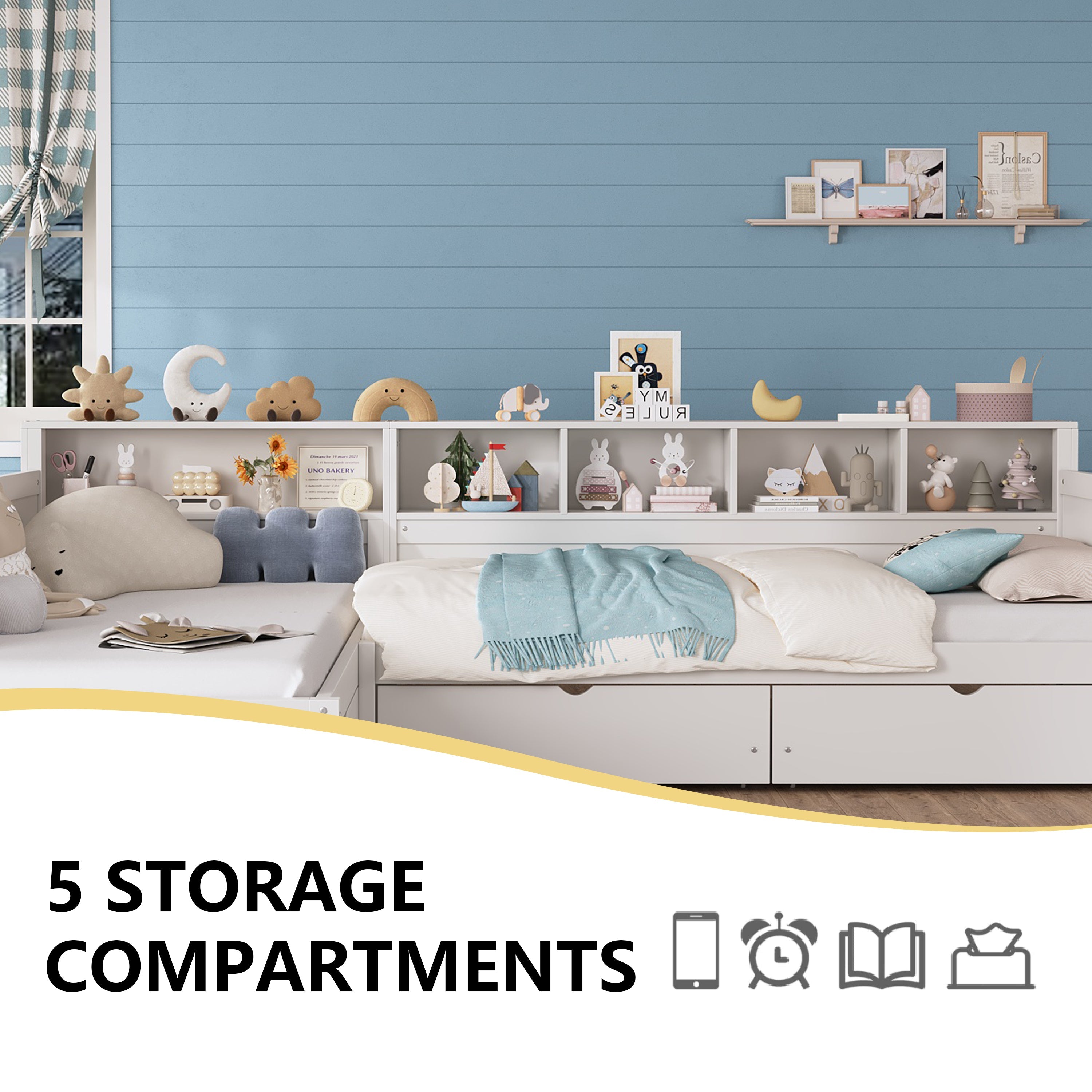 Twin Size Day Bed for 2, L- Shape Twin Size Bed Frame with Storage 3 Drawers, Wooden Corner Bed with Bookshelf, Corner Bed Frame For Bedroom, Living Room,Grey