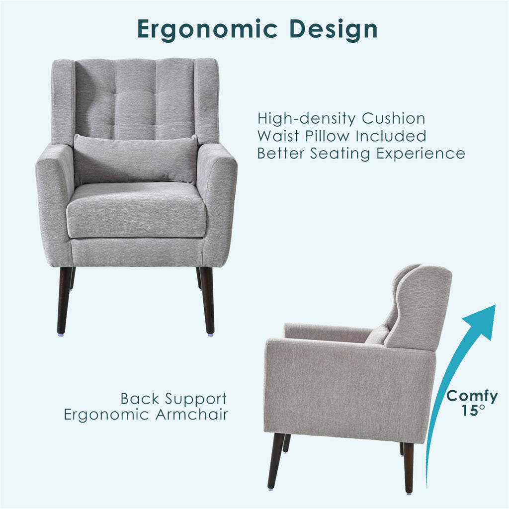 Chenille Accent Chair with Lumbar Pillow — Mid-Century Rubberwood Legs