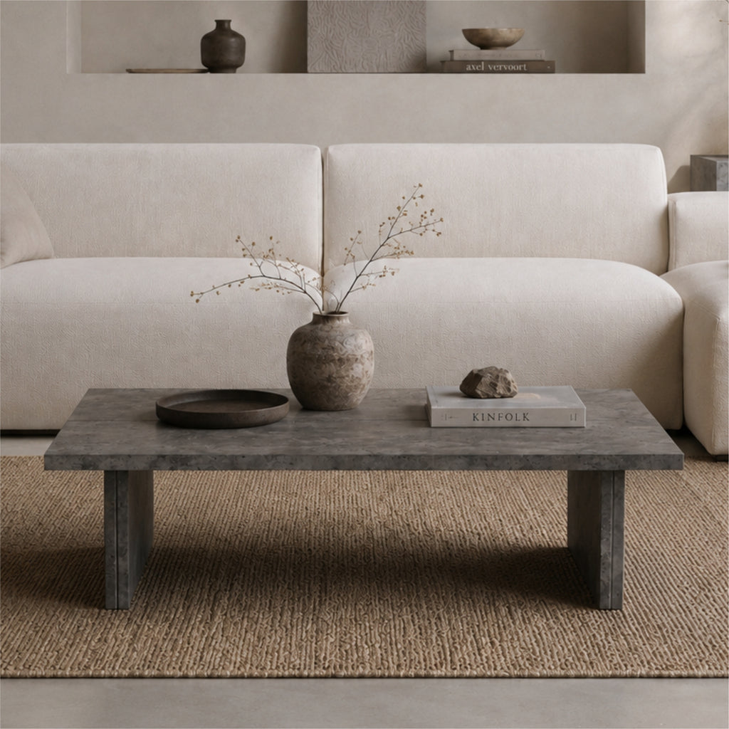 Modern Faux Concrete Coffee Table, Minimalist Rectangle Stone Look Center Table, Faux Slate Gray Cocktail Table with Slab Legs for Wabi-Sabi & Organic Modern Living Room
