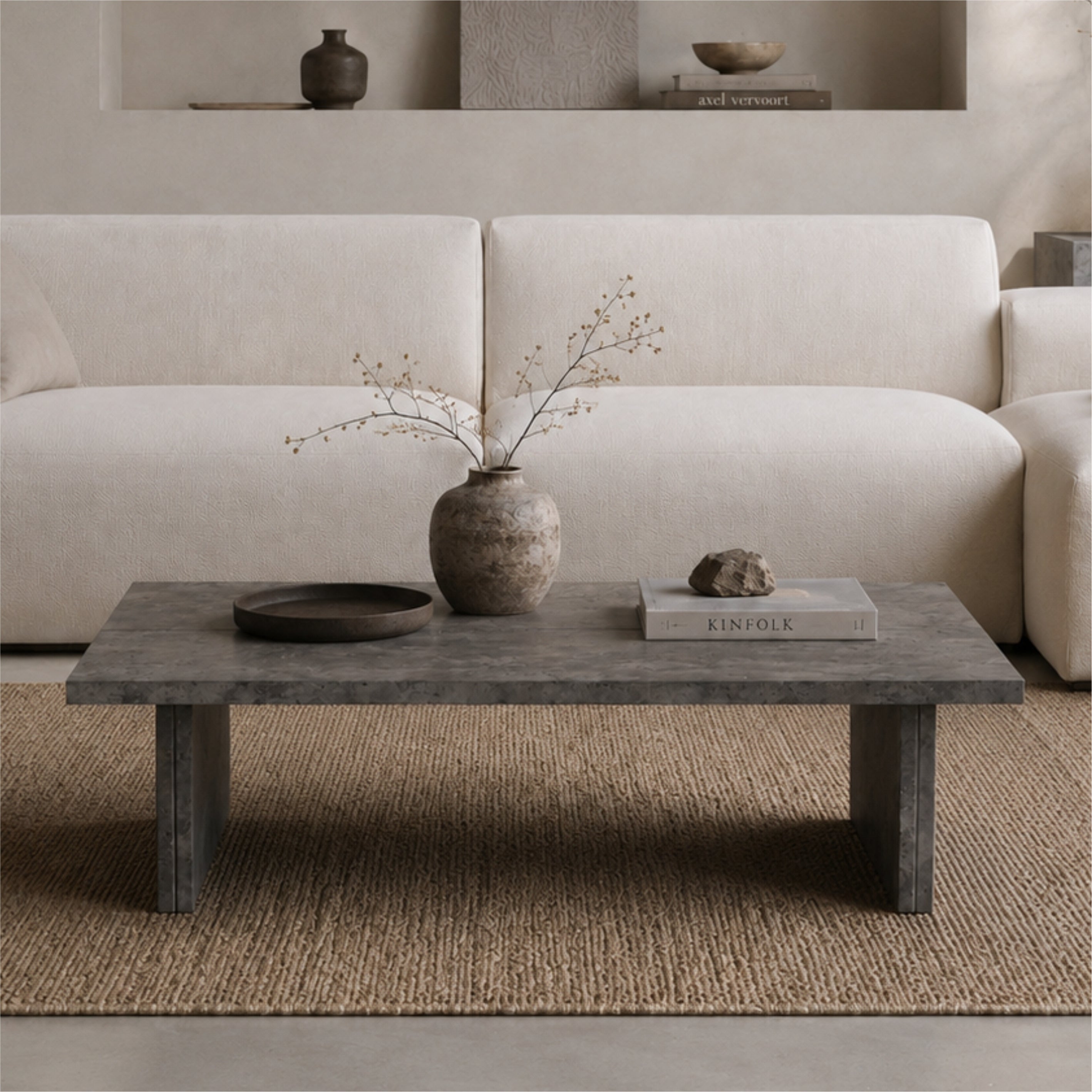 Modern Faux Concrete Coffee Table, Minimalist Rectangle Stone Look Center Table, Faux Slate Gray Cocktail Table with Slab Legs for Wabi-Sabi & Organic Modern Living Room
