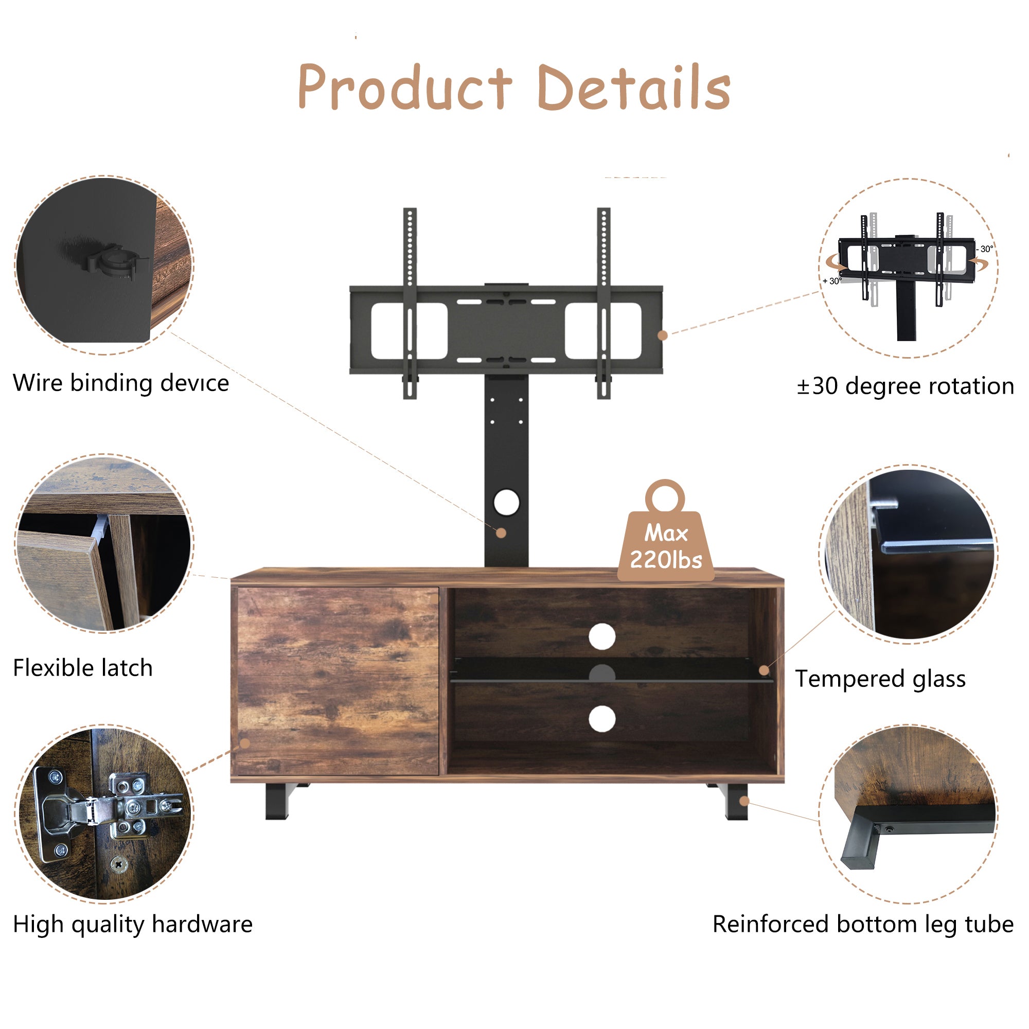 Rustic brown TV stand back panel mount option view