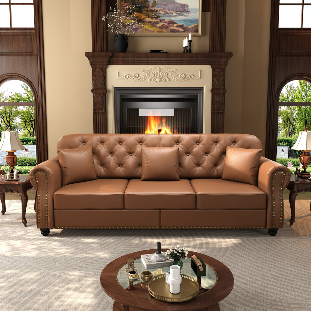 82.6'Upholstered Faux Leather Sofa with Nailhead Trim and Rolled Armrests,Mid-Century Modern Chesterfield Sofa with Button Tufted,Includes 3 Pillows,Black