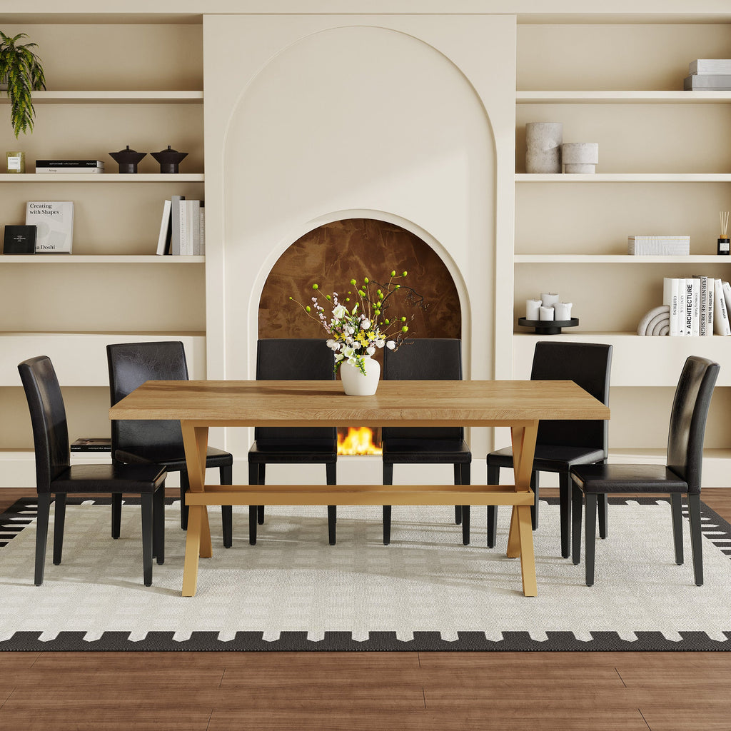 Table and chair set. 71 * 35.4 inch Wood grain MDF splicing desktop with X-shaped metal frame dining table.Includes 8 white PU dining chairs With Black Metal Legs.Making it an ideal choice for home.