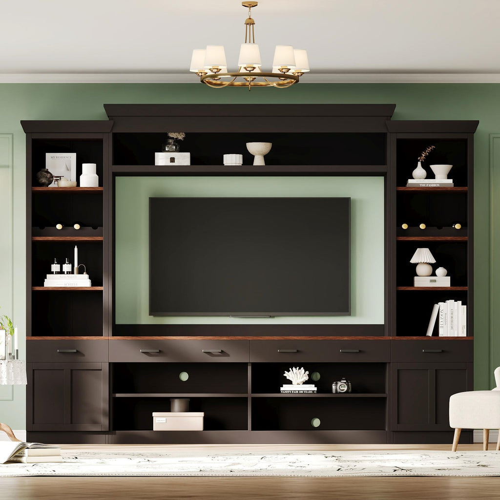 108-inch black and walnut media console wall unit for living room