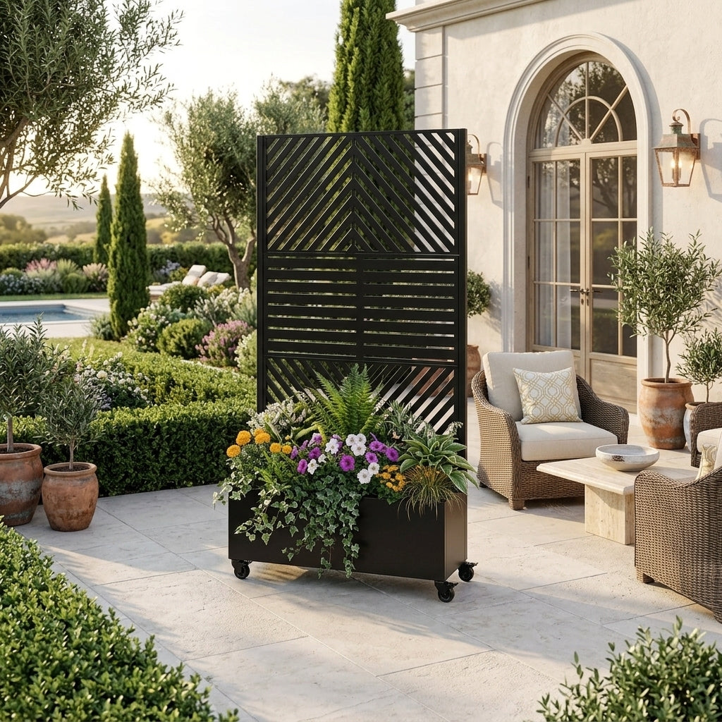 Metal Planter Box with Trellis, 73'x35'x16 Metal Raised Garden Bed with Trellis, Metal Planter Box with Drainage Holes & Lockable Wheels & Privacy Screen for Climbing Plants, Vegetables, Vines