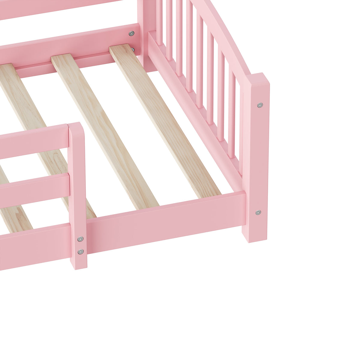 Twin Montessori Floor Bed with Slats and Safety Guardrails, Solid Wood Floor Bed with Fence and Without Door, Easy Assemble Montessori Bed for Girls and Boys, Gray