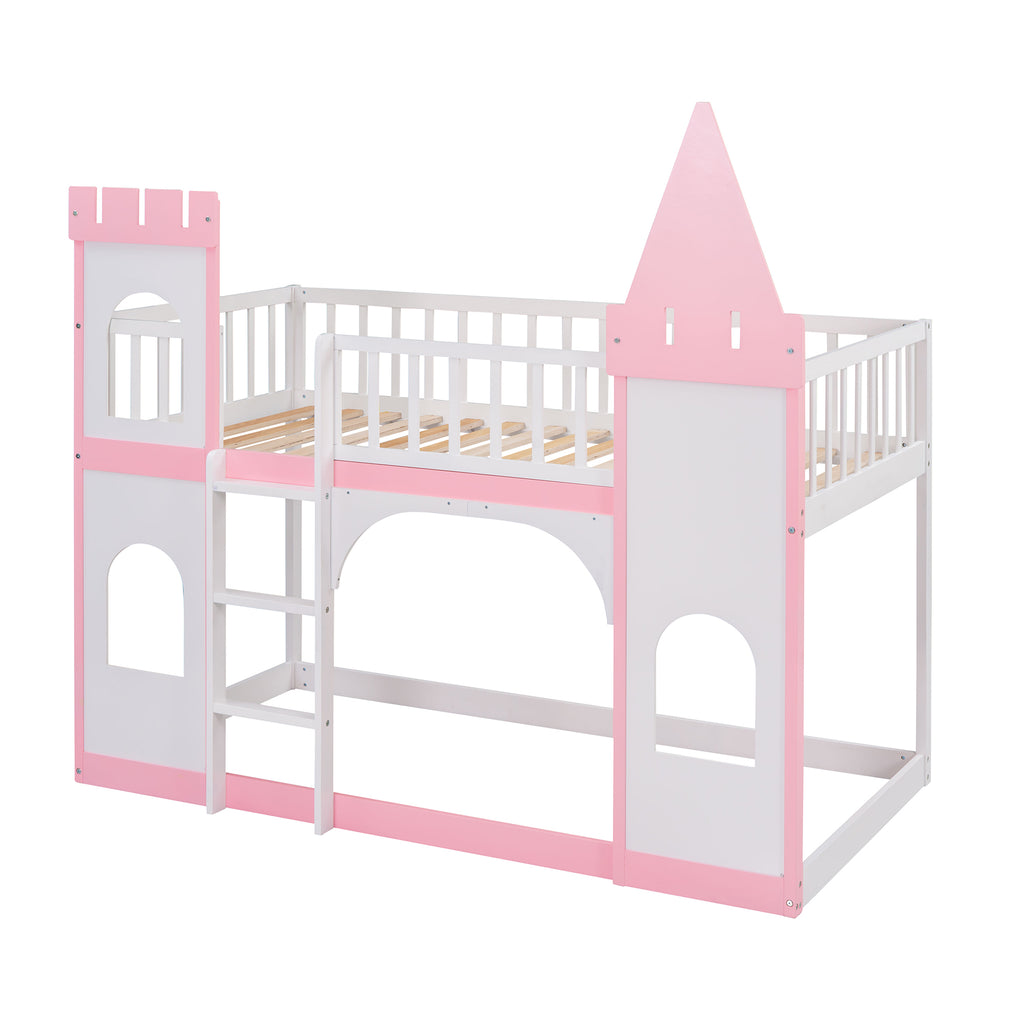 Pink castle bunk bed open lower floor bed play space