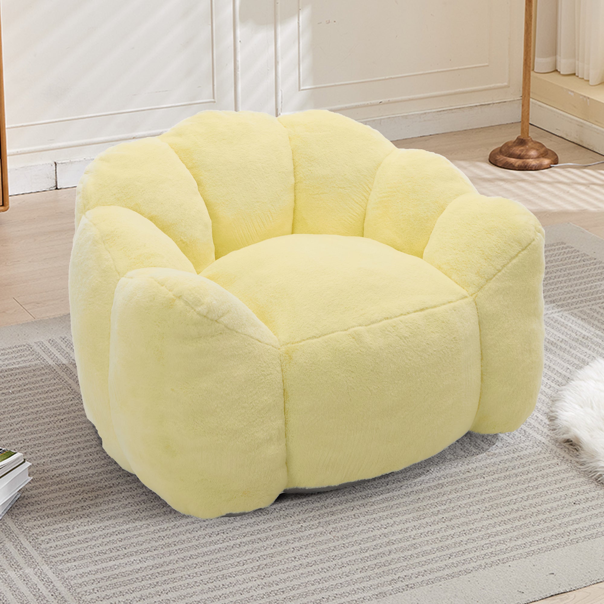 Yellow bean bag sofa with pull ring — angle view
