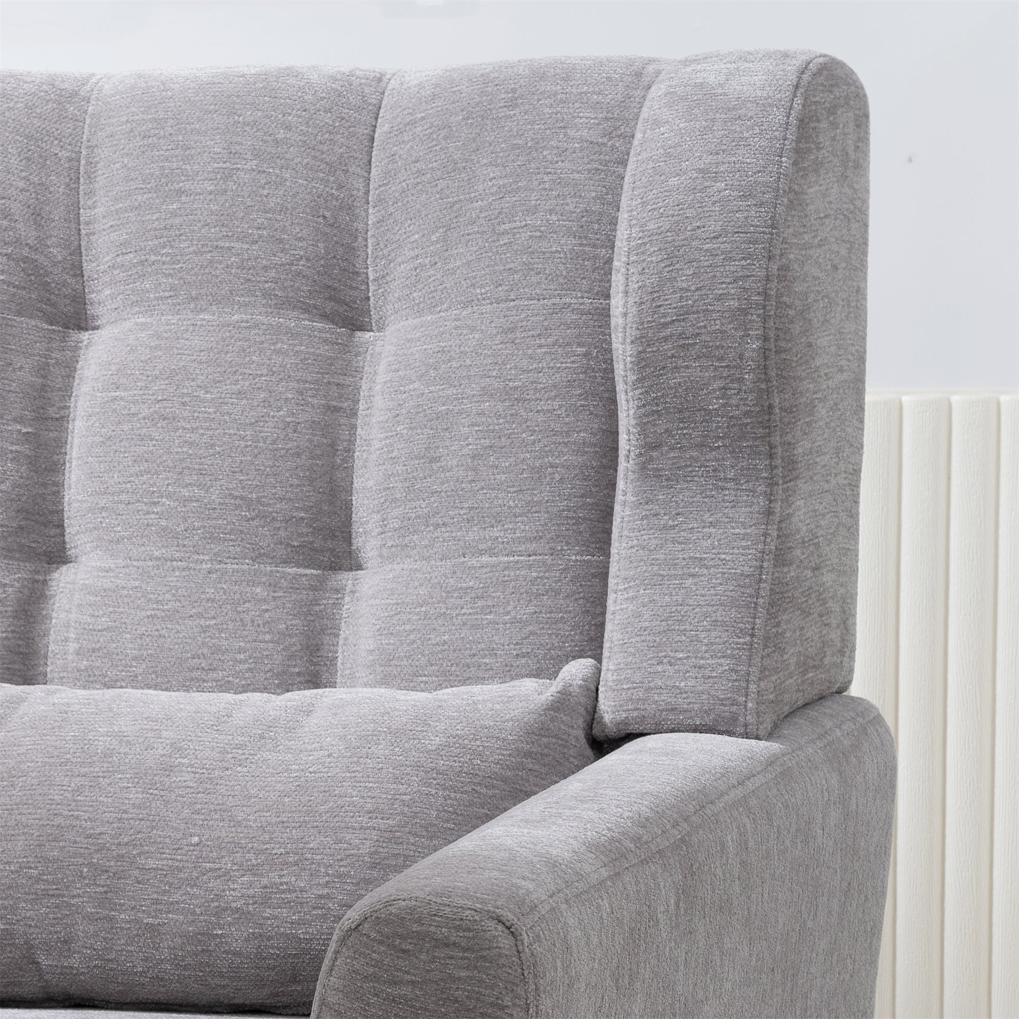 Chenille Accent Chair with Lumbar Pillow — Mid-Century Rubberwood Legs