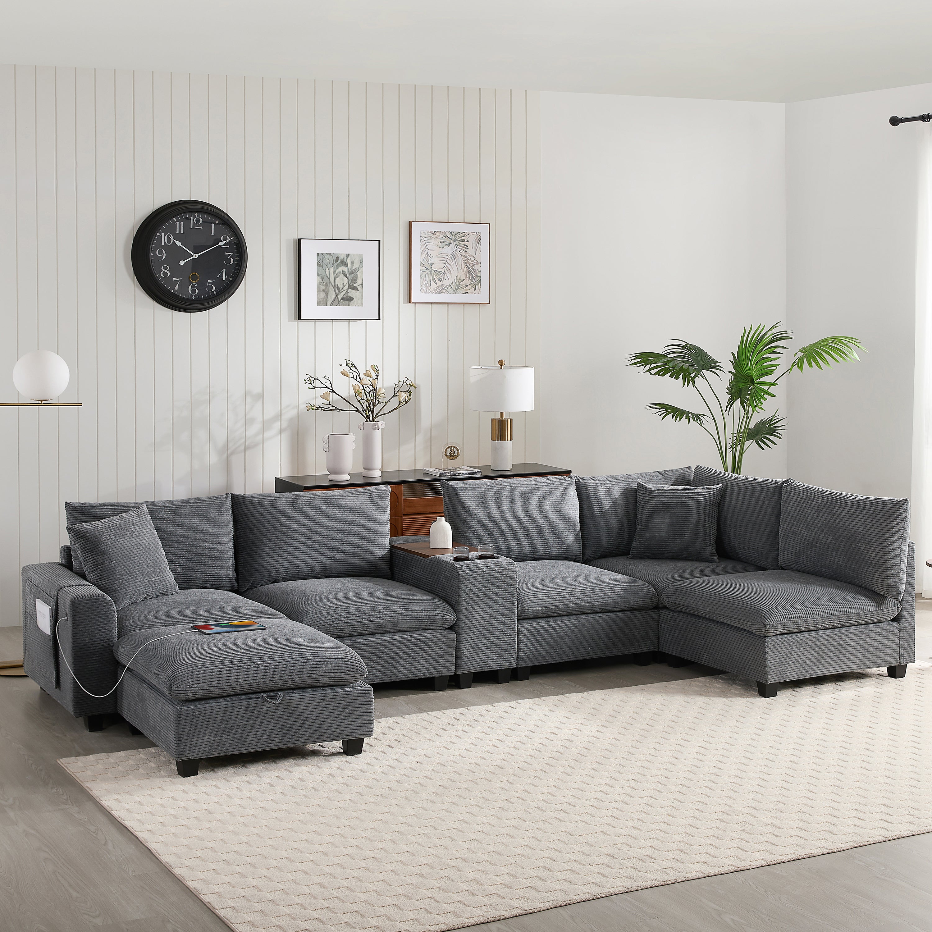 139'' U-shaped Modular Sectional Sofa with Console, Oversized L-Shaped Corduroy Couch with Wide Seat, USB Charger, Cup Holders, Movable Ottoman, Storage Pockets, 6 Seat for Living Room