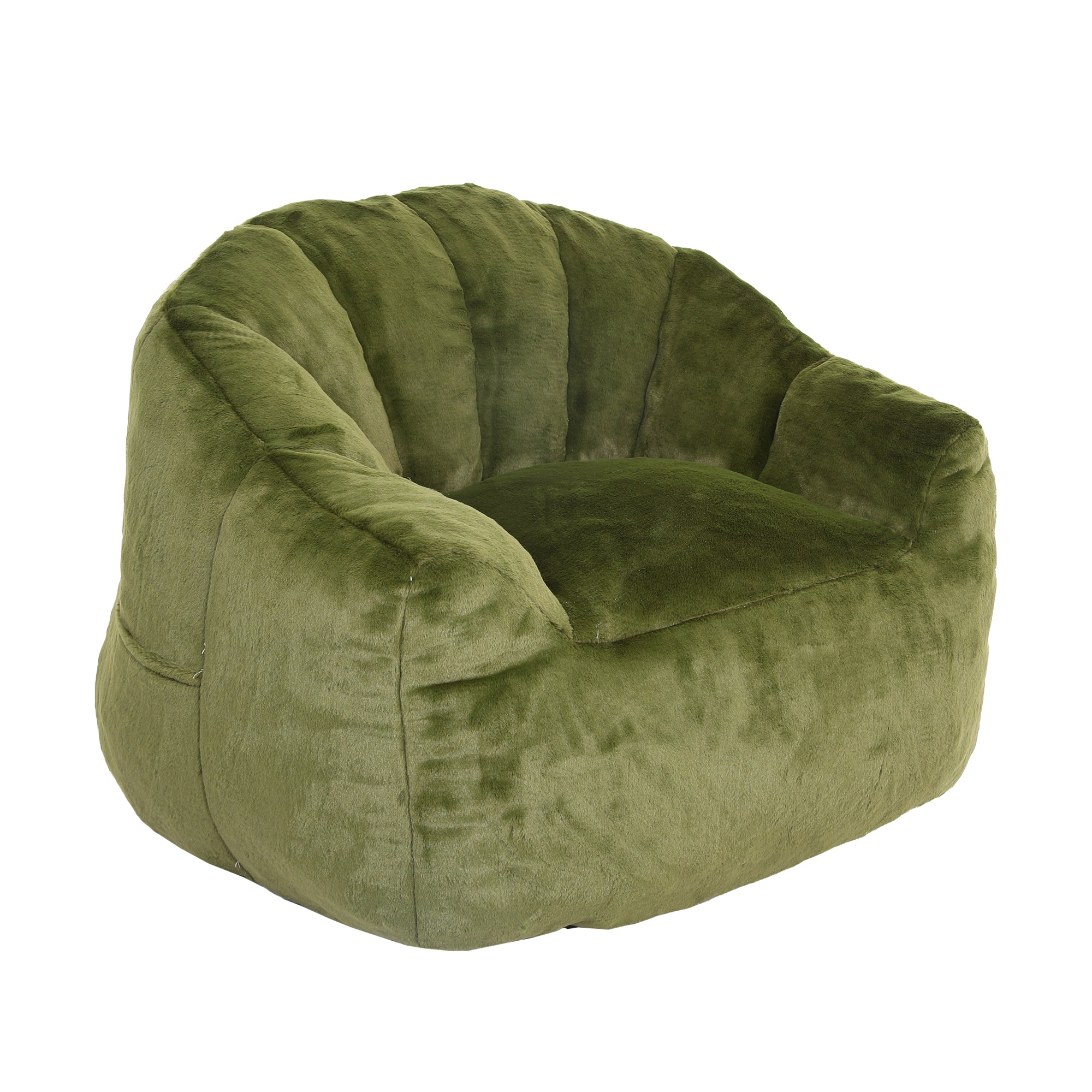 Green faux fur bean bag sofa chair with armrests — front view