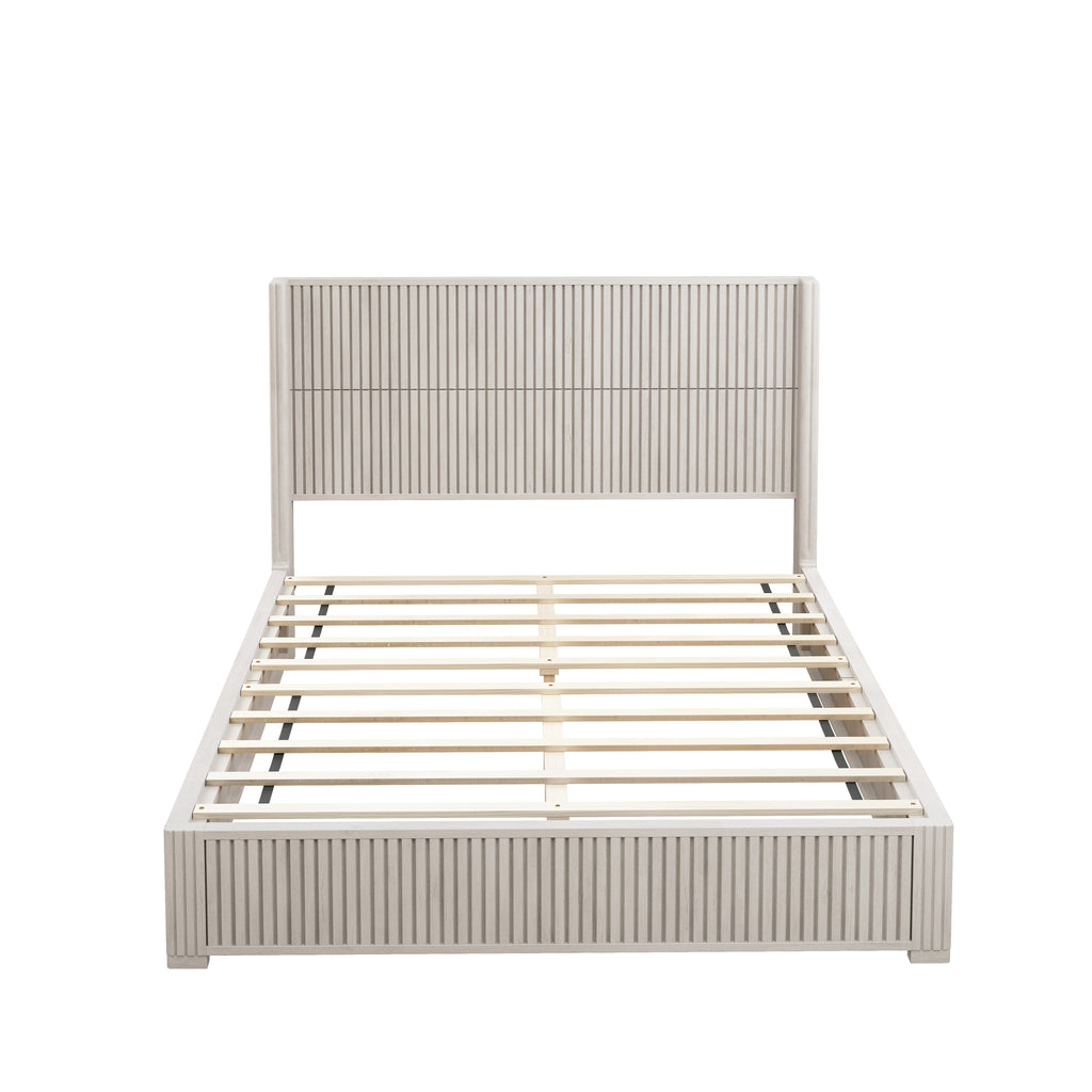 Beige Solid Wood Platform Bed Frame with Headboard, Queen Size, No Box Spring Needed, Easy Assembly, Floor-standing Design