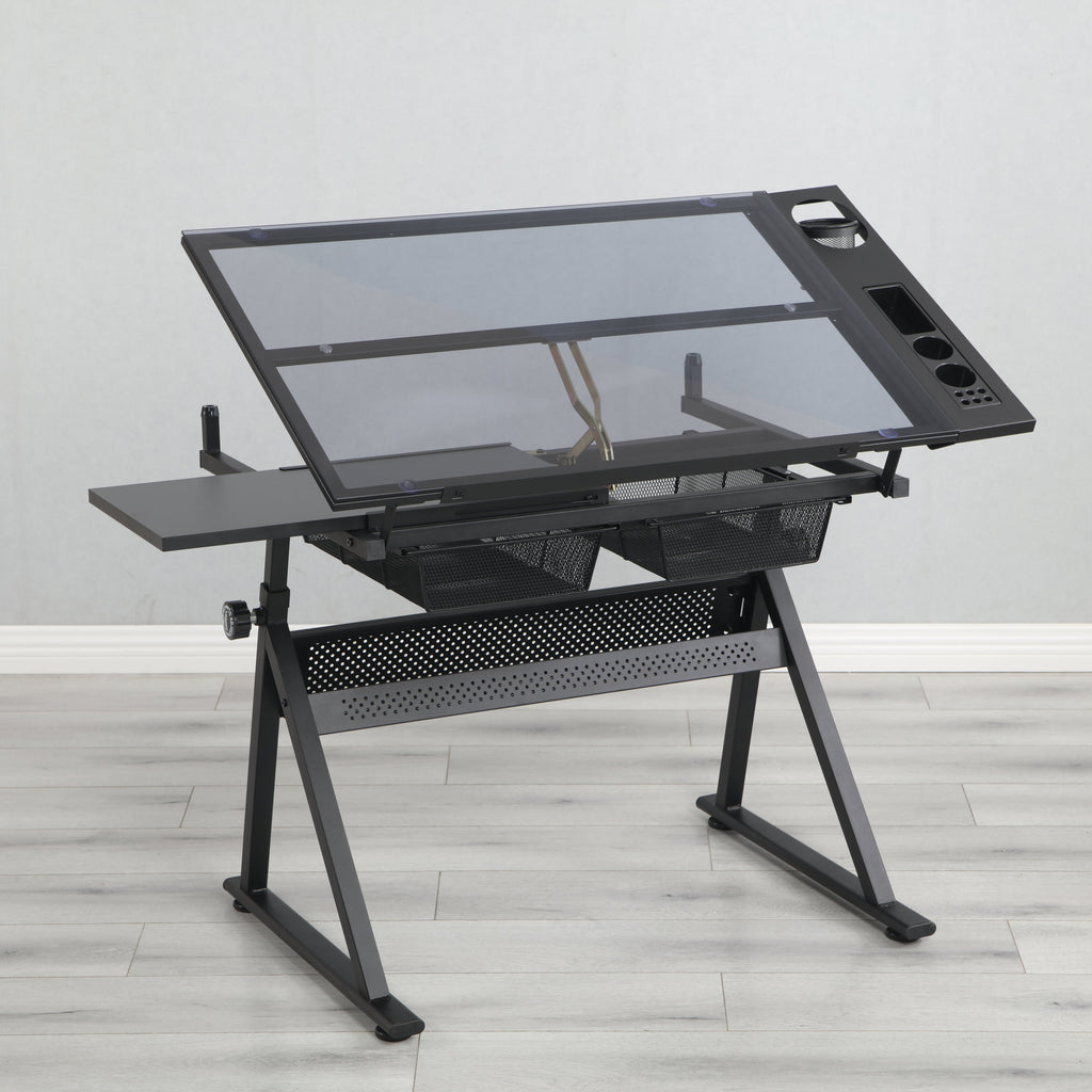 Adjustable Glass Drafting Table with Metal Drawers & Stool