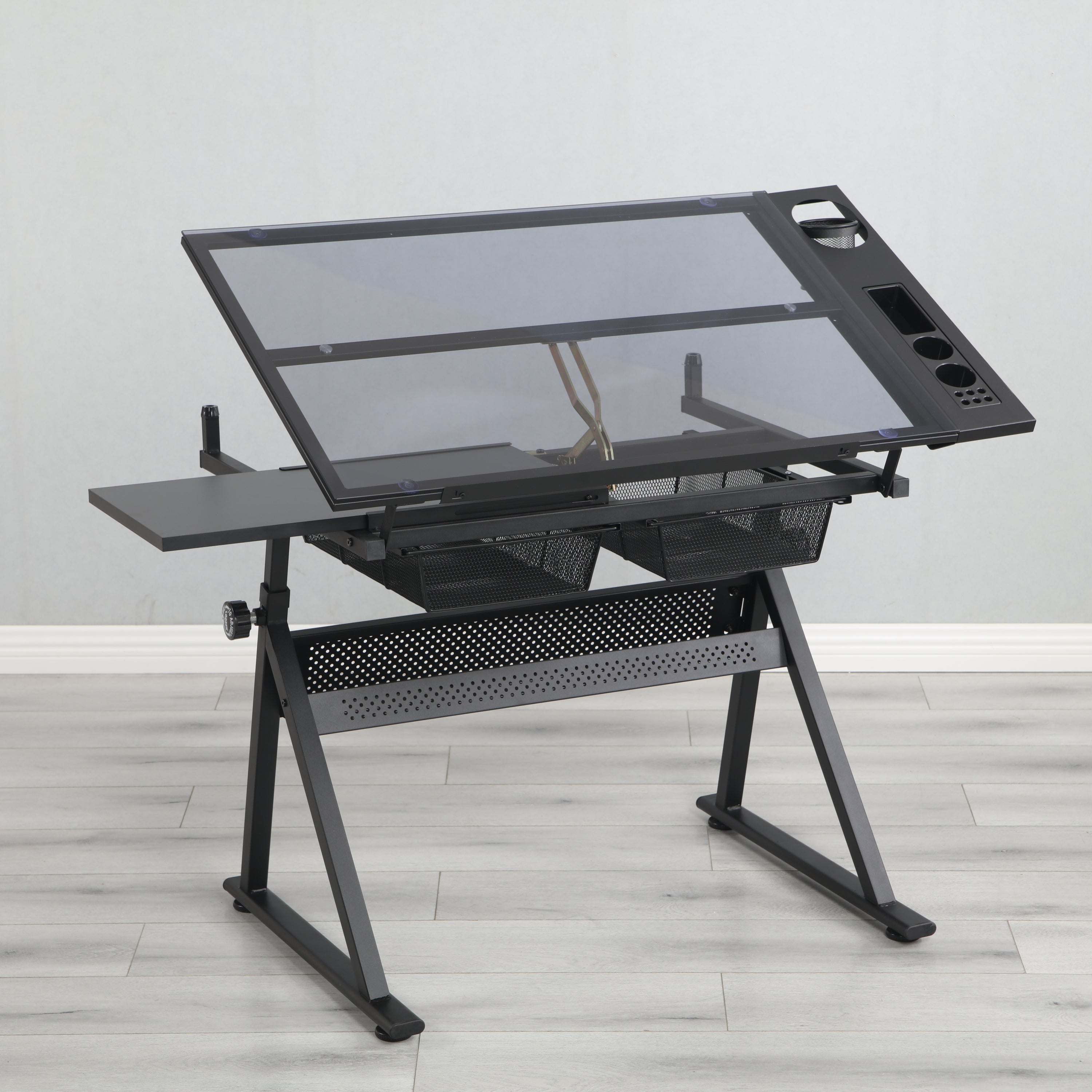 Adjustable Glass Drafting Table with Metal Drawers & Stool