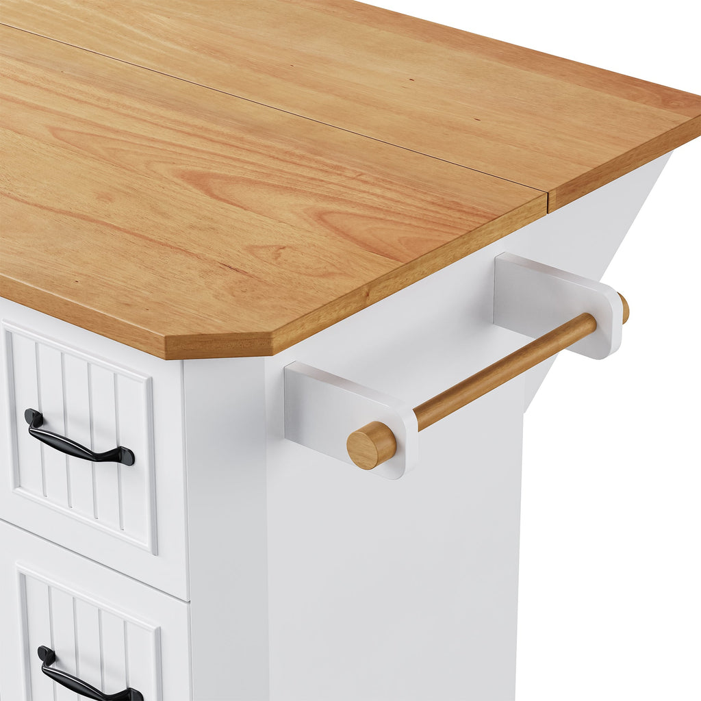 K&K 56 inch Kitchen Island with Rubber Wood Veneer Drop Leaf, Power Outlet, 4 Door Shelves, Embossed Vertical Stripe Rolling Kitchen Cart on 4 Wheels with 6 Deep Drawers for Kitchen, Dining Room,Black