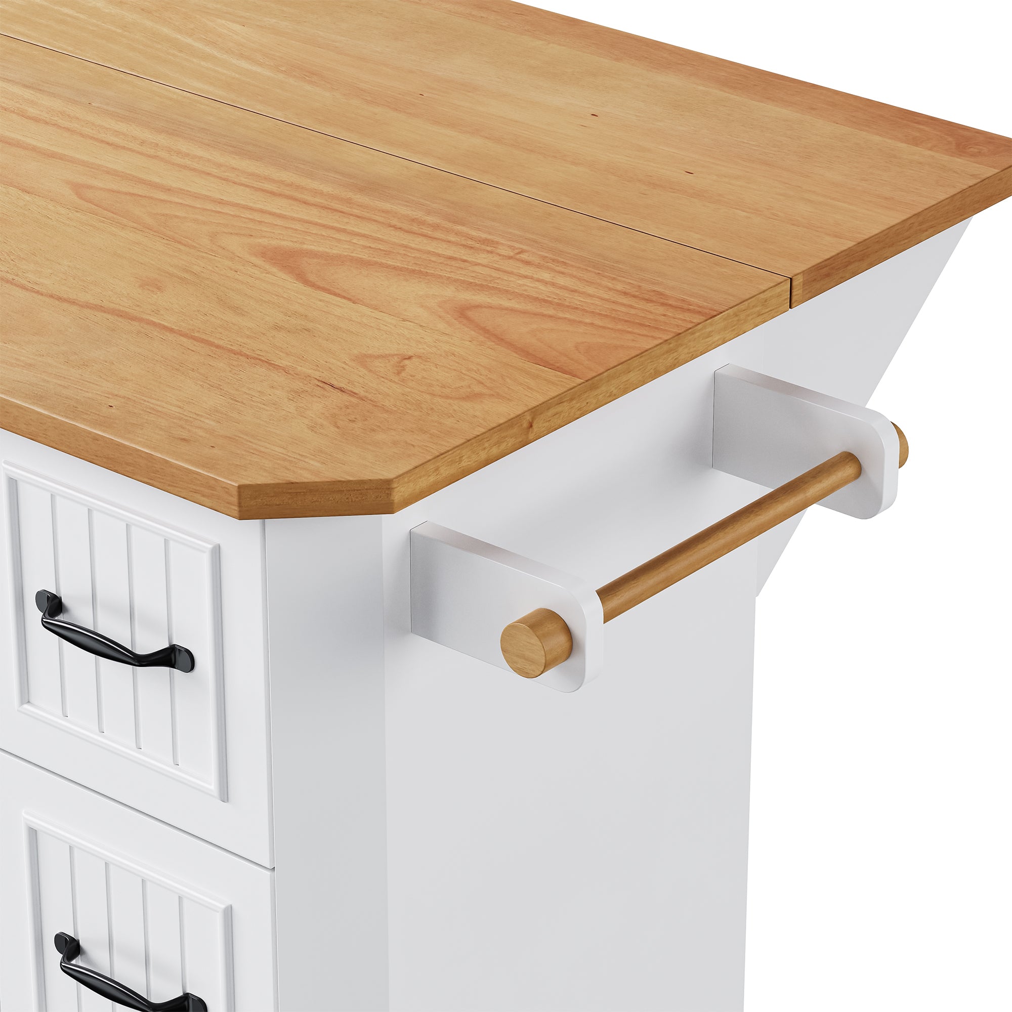 K&K 56 inch Kitchen Island with Rubber Wood Veneer Drop Leaf, Power Outlet, 4 Door Shelves, Embossed Vertical Stripe Rolling Kitchen Cart on 4 Wheels with 6 Deep Drawers for Kitchen, Dining Room,Black