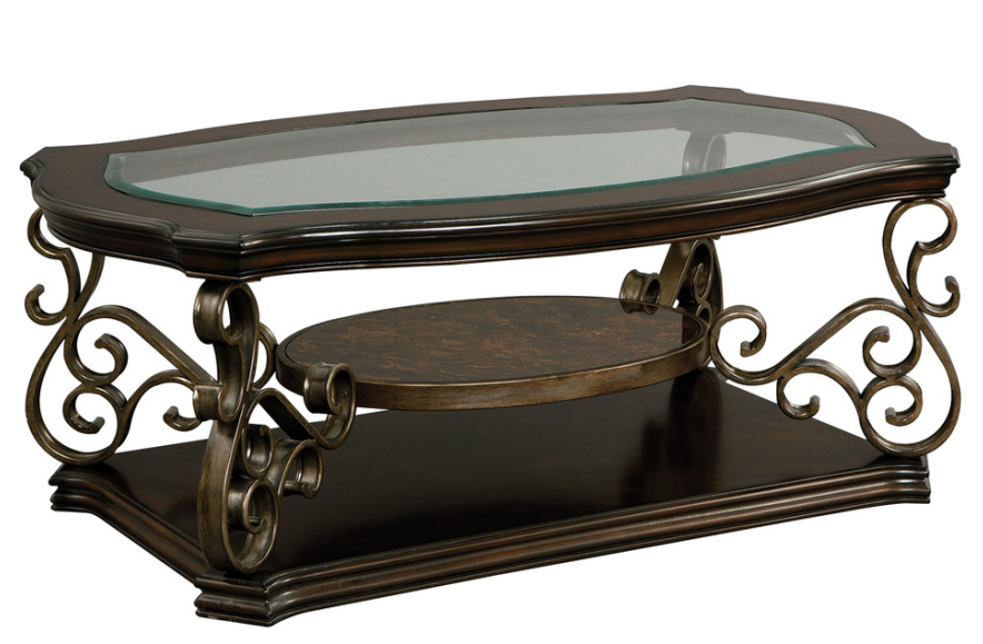Traditional cocktail table marble shelf scroll legs — angle view