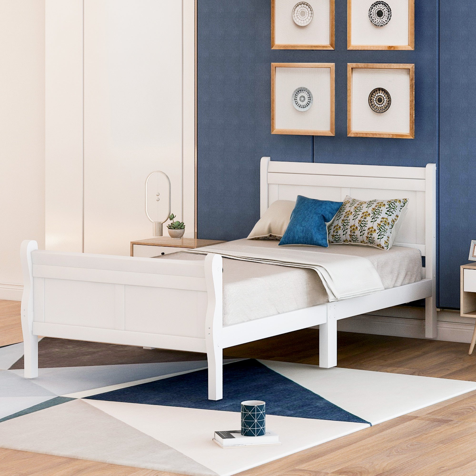Solid wood twin sleigh bed in white — angle view