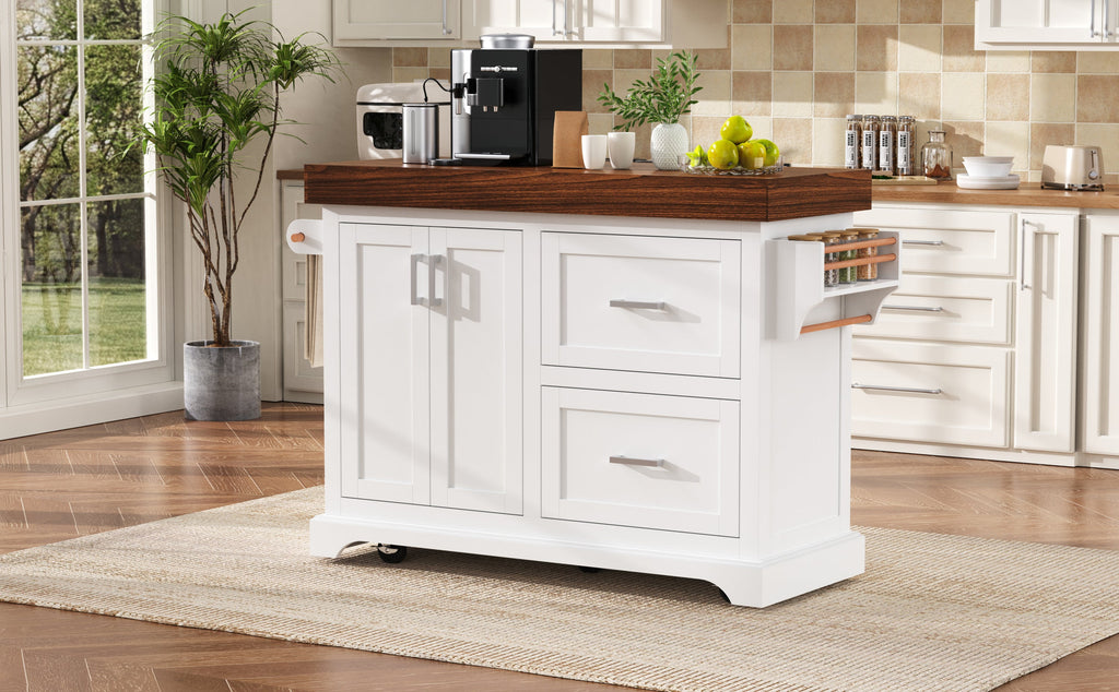 K&K 53' Large Kitchen Island with 3.5' Thick Desktop, Spice and Towel Racks, Rolling Kitchen Island with Storage on 5 Wheels, 2 Extra-large Drawers, for Home, Kitchen, Dining Room, Black