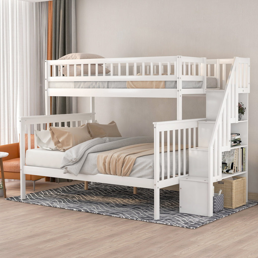 Twin over Full Stairway Bunk Bed with Side Shelves & Storage — Pine Wood