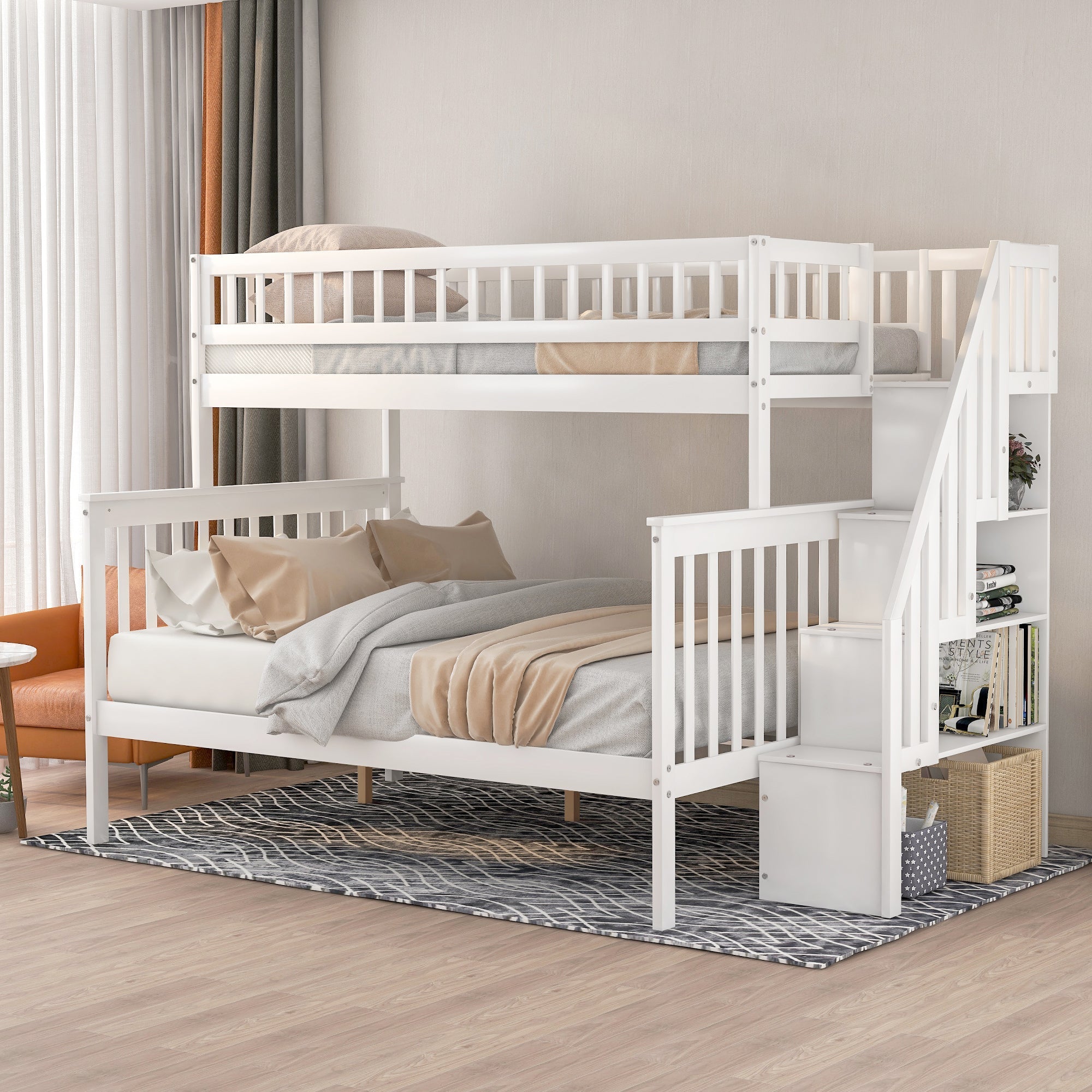 Twin over Full Stairway Bunk Bed with Side Shelves & Storage — Pine Wood