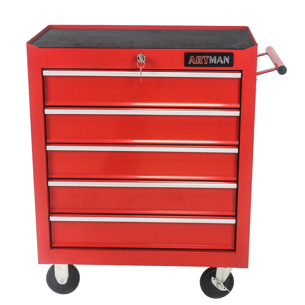 Red 5-drawer rolling tool cart with wheels — front view
