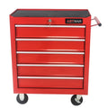 Red 5-drawer rolling tool cart with wheels — front view
