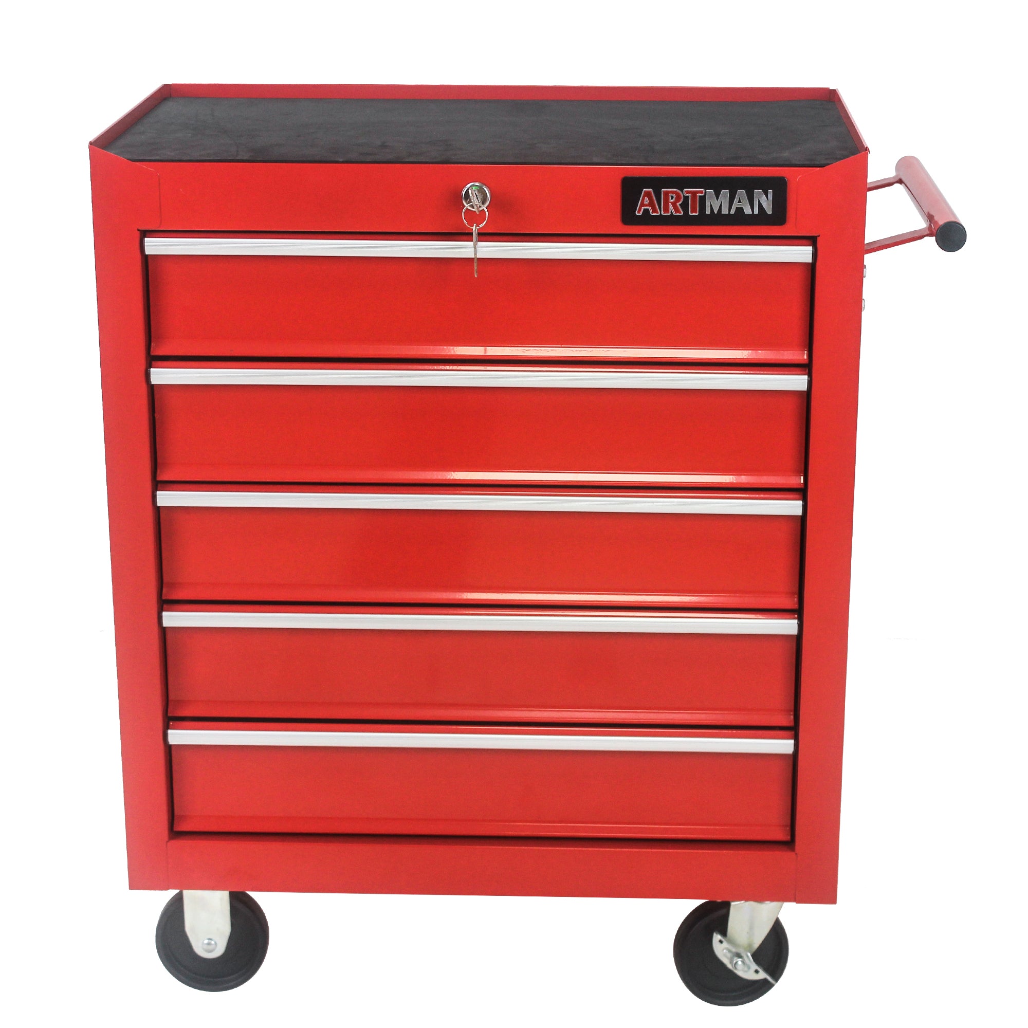 Red 5-drawer rolling tool cart with wheels — front view