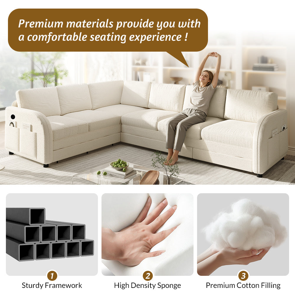 115.2' L-Shaped Sofa Couch with Pull-Out Bed,Oversize Convertible Sleeper Sofa with side Pocket & USB Port,Teddy Upholstered Sectional Couches with Convert Left/Right Facing, Light Grey