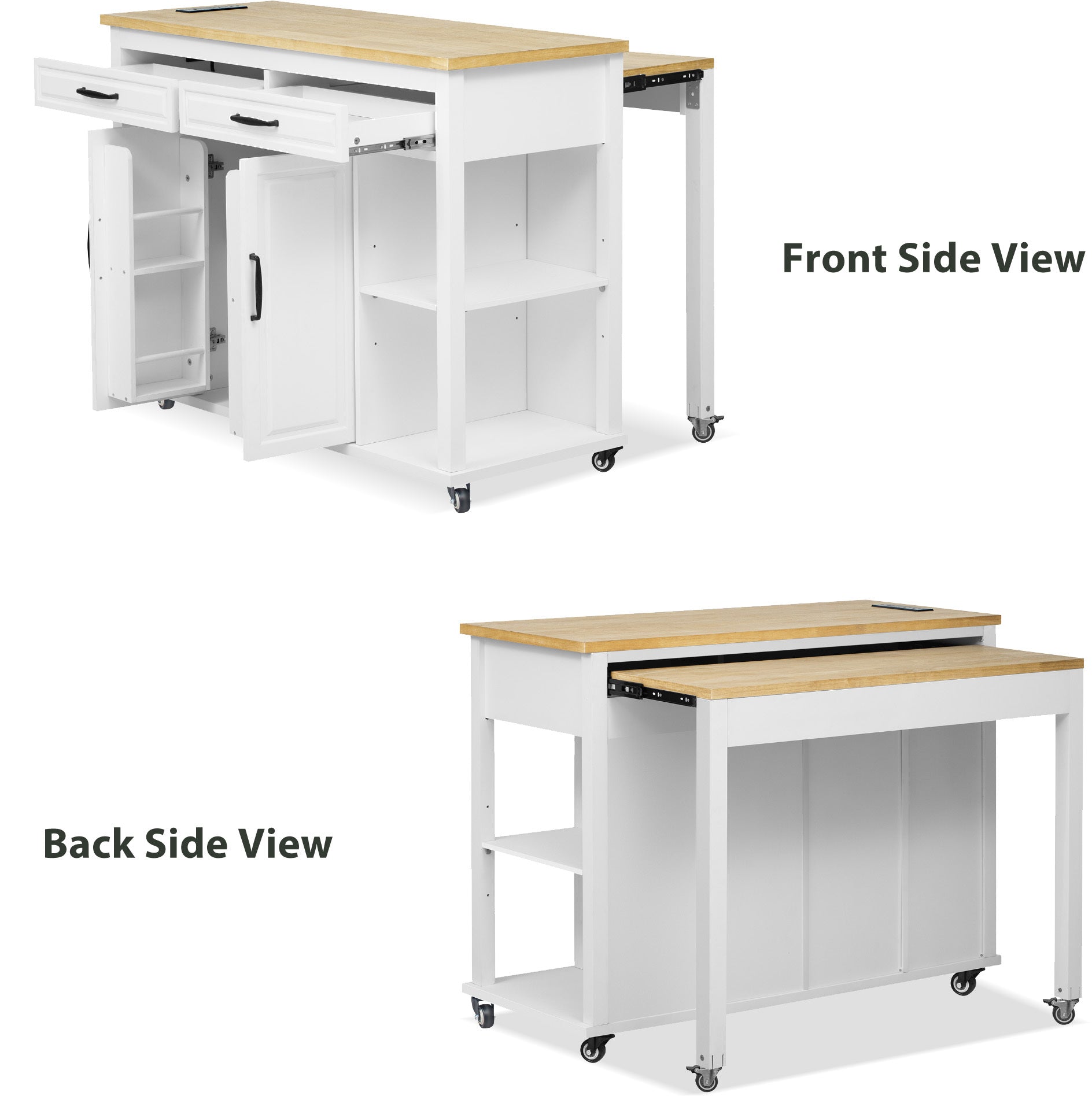 K&K 47 inch Kitchen Island with Extendable Dining Table, Rubber Wood Veneer Kitchen Table with Internal Storage Rack, Power Outlet, Kitchen island with Storage 2 Drawers 2 Cabinet, Black