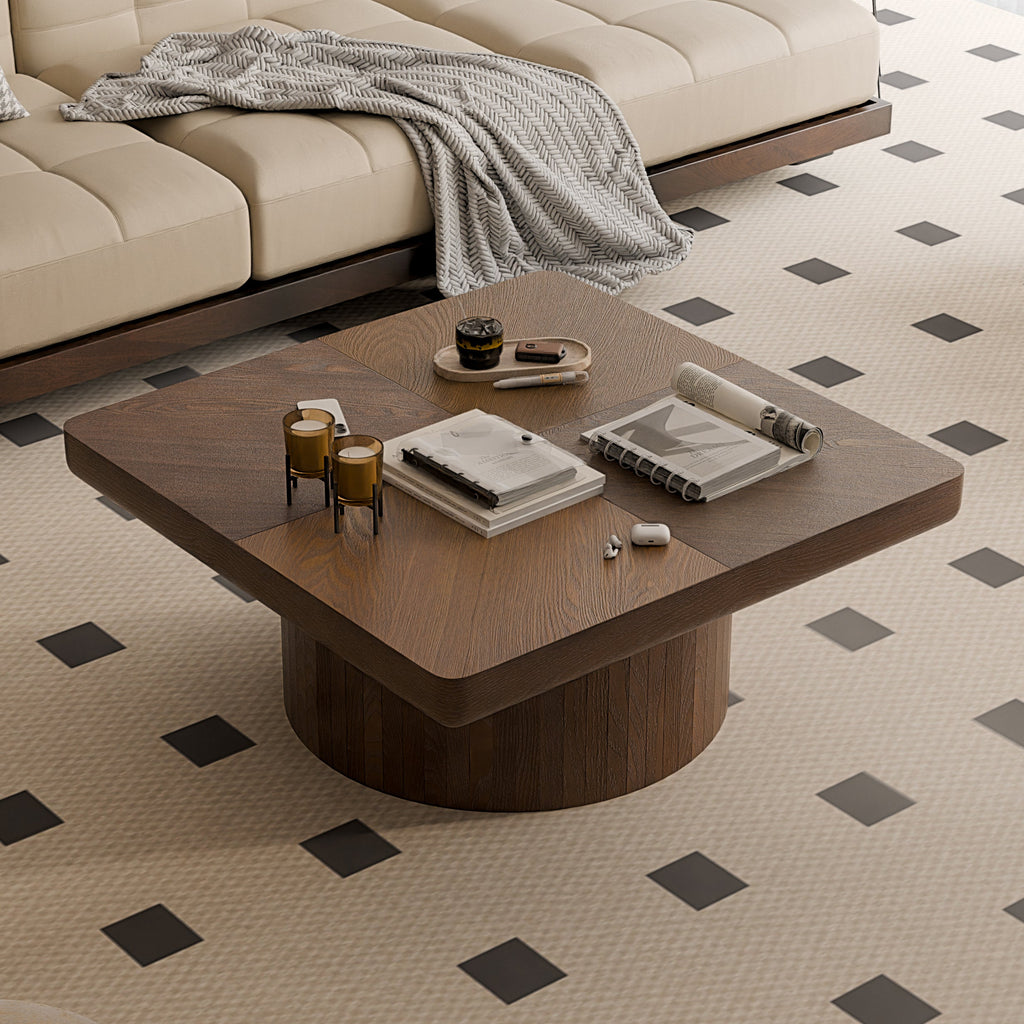 34.6'' Square Coffee Table for Living Room, Modern Wood Veneer Top with Parquet Pattern & Cylindrical Base, Thickened Tabletop, Easy Assembly, Natural Wood