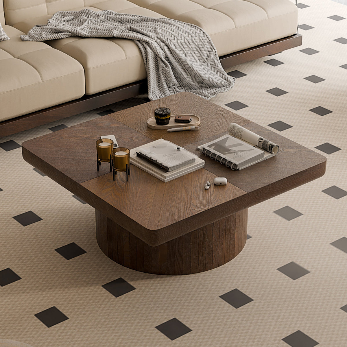 34.6'' Square Coffee Table for Living Room, Modern Wood Veneer Top with Parquet Pattern & Cylindrical Base, Thickened Tabletop, Easy Assembly, Natural Wood