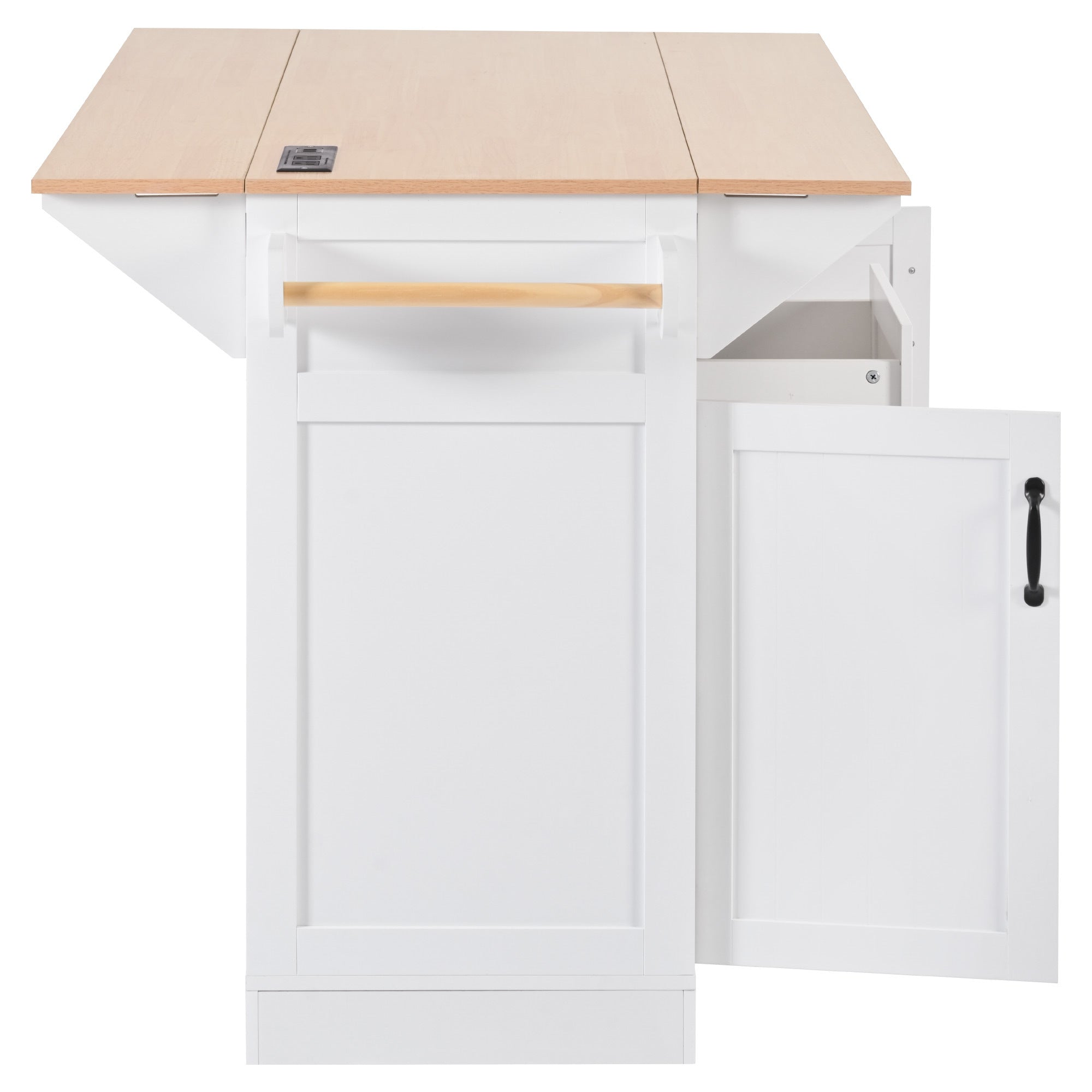 K&K 55.7'' Large Kitchen Island with 2 Drop Leaf,, Rolling Kitchen Cart on 5 Wheels with Power Outlet, Folding Storage Dining Table with Spice & Towel Rack , 3 Drawers, for Kitchen, Dining Room,Black