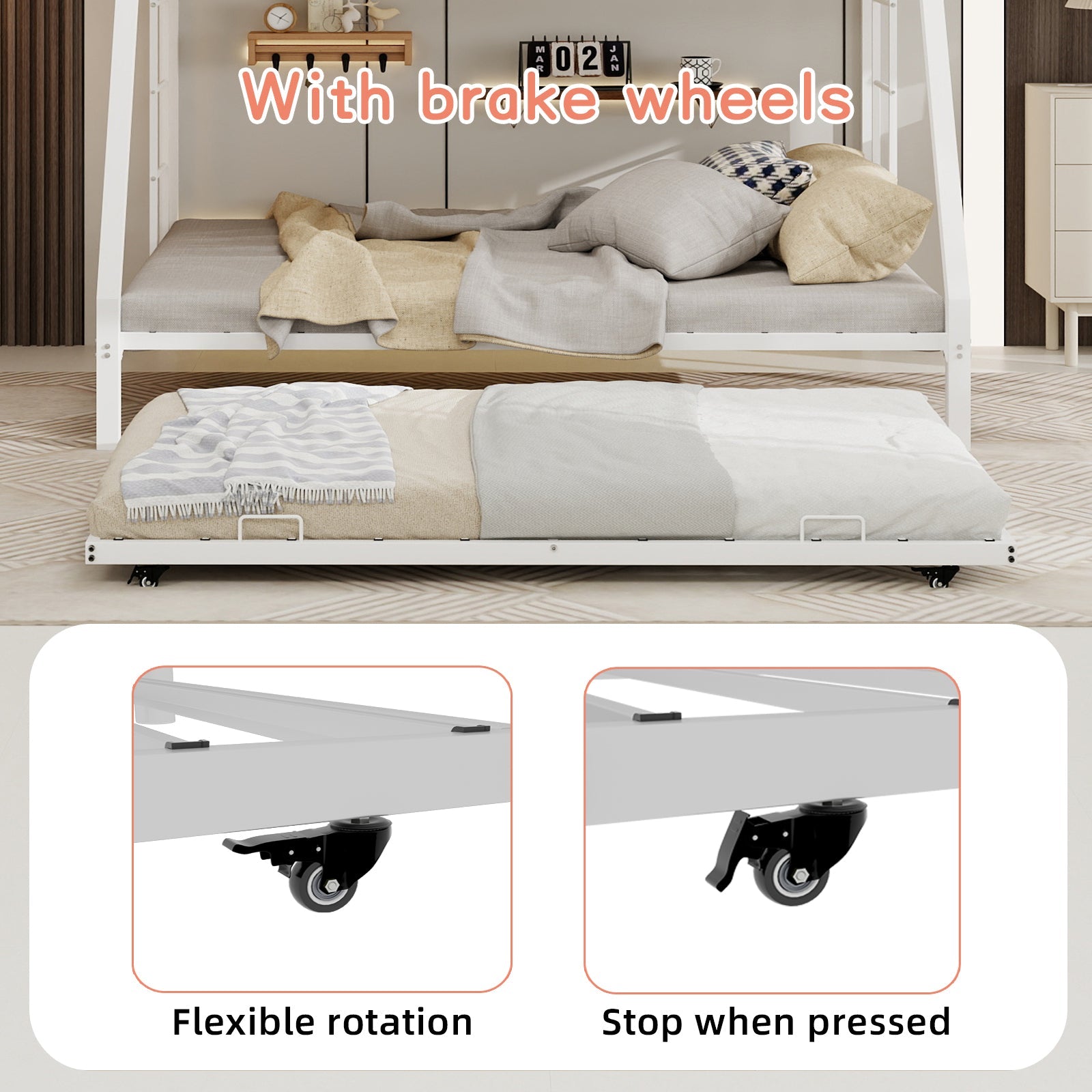 Modern Minimalist Square Tube Iron Bunk Bed with Ladder and Rolling Trundle, Full Size 137cm x 190cm, Black