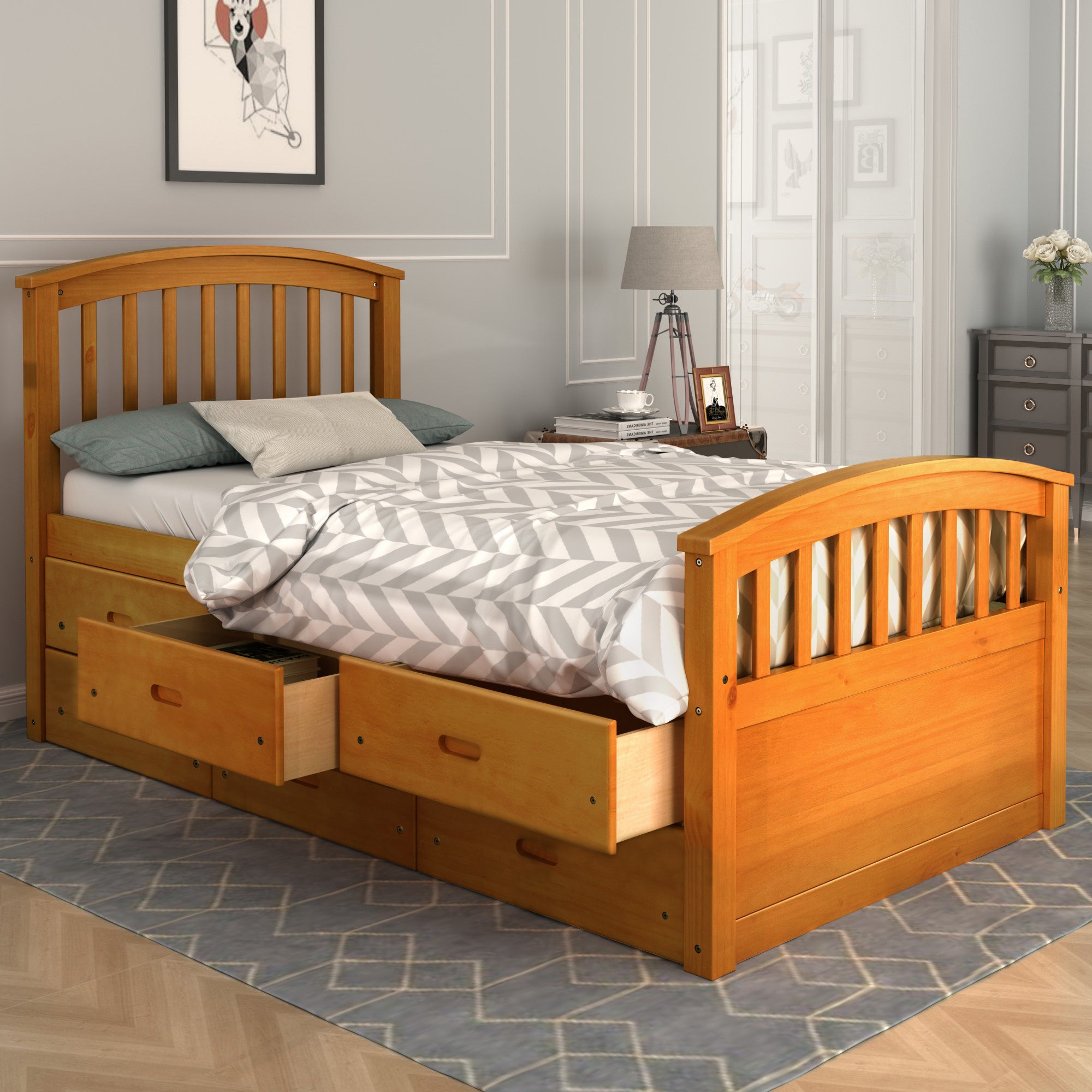 Platform bed with drawers open storage compartments
