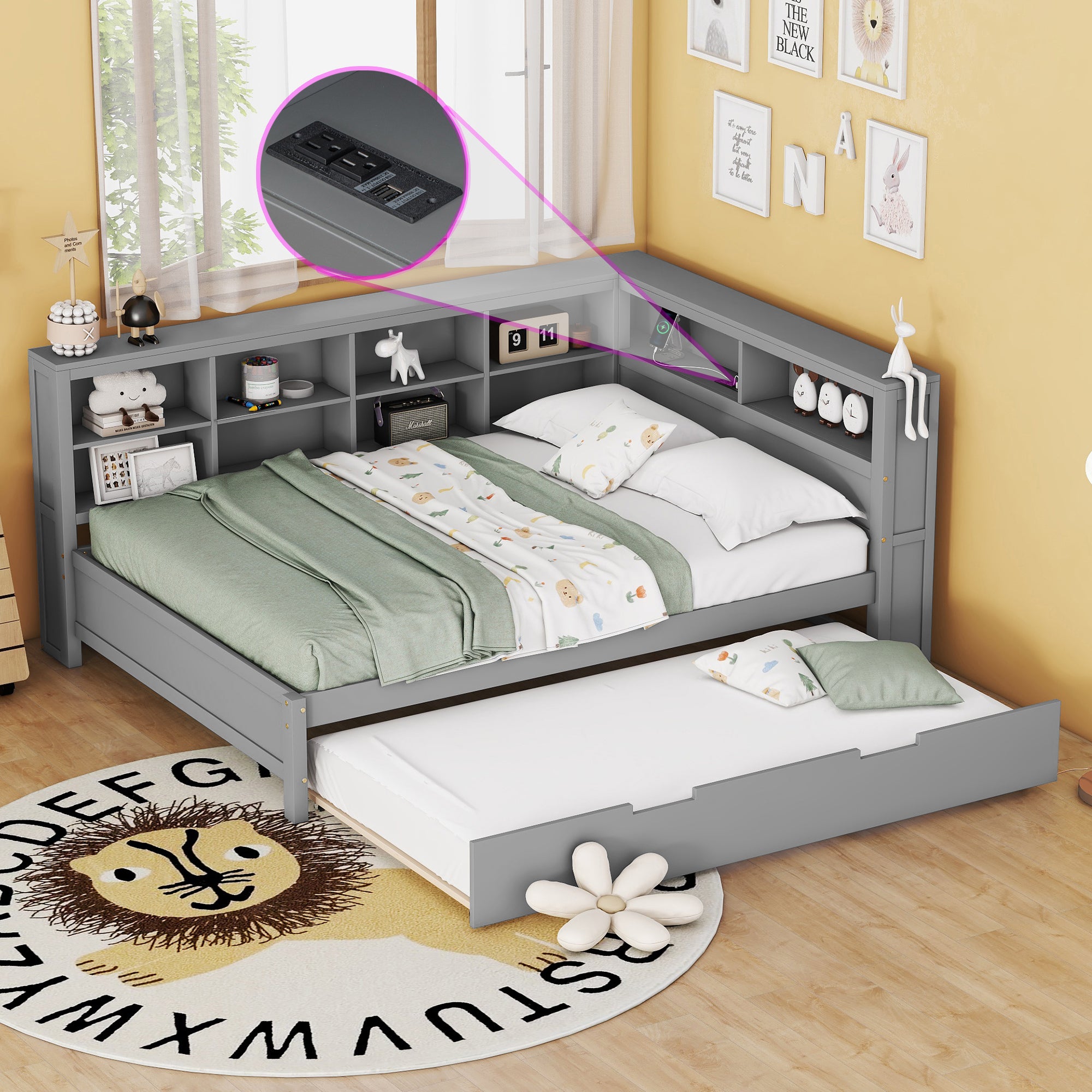 Wooden Full Size DayBed with Twin Size Trundle, DayBed with Storage Shelf and USB Charging Ports,Grey(Old SKU: HL000075AAE)