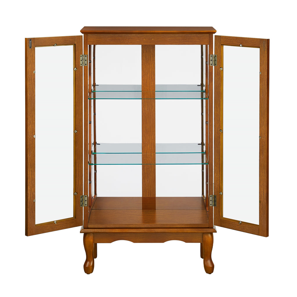 Oak curio display cabinet living room placement setting