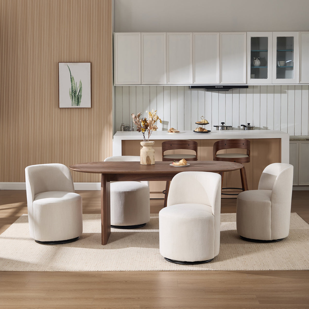 Set Of 1 Upholstered Kitchen & Dining Room Barrel Chair, Mid Century Modern Round Linen Dining Chair, 360 Degree Swivel Comfy Armless Accent Makeup Vanity Side Chair for Bedroom Living Room