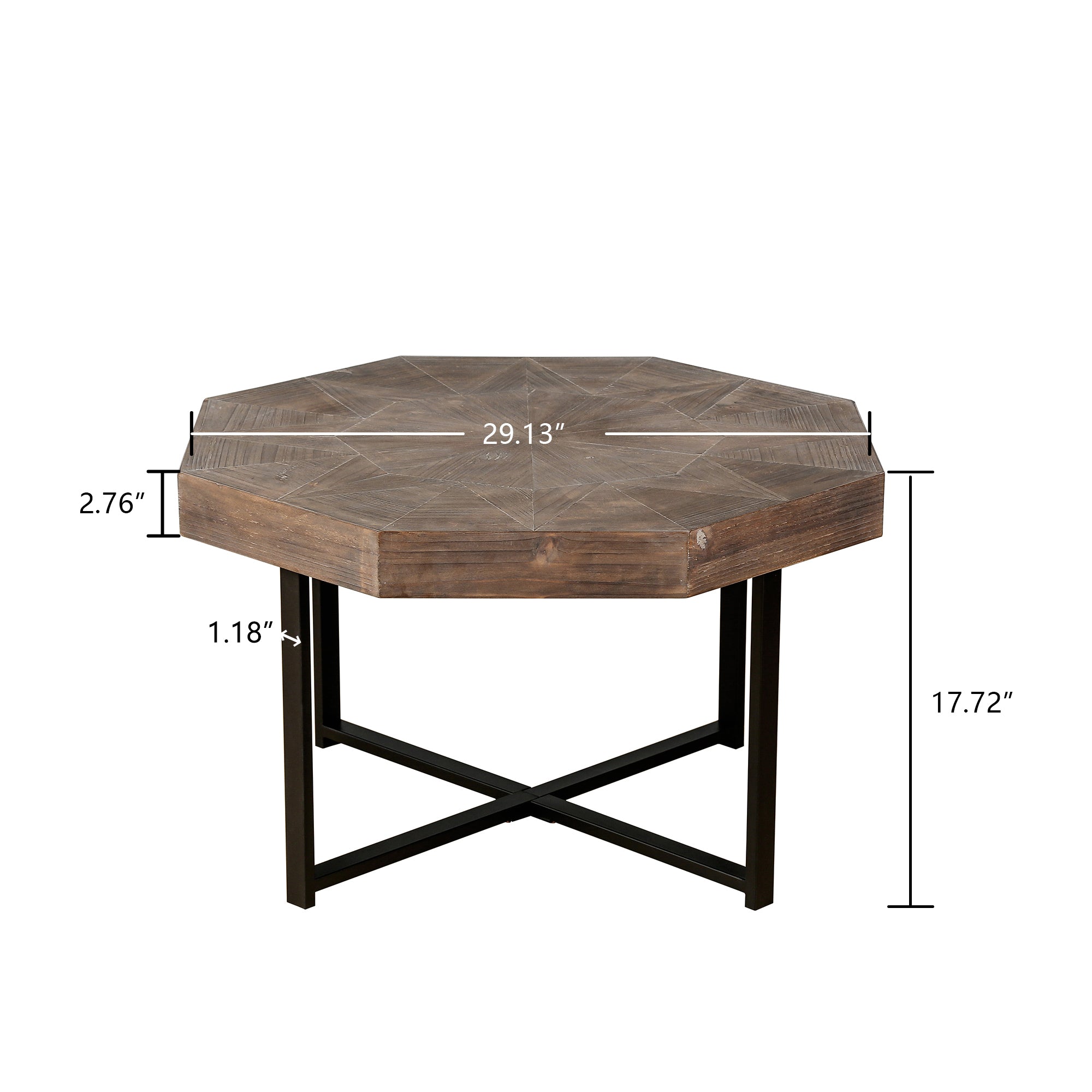 Crossed metal leg base octagonal coffee table stability detail