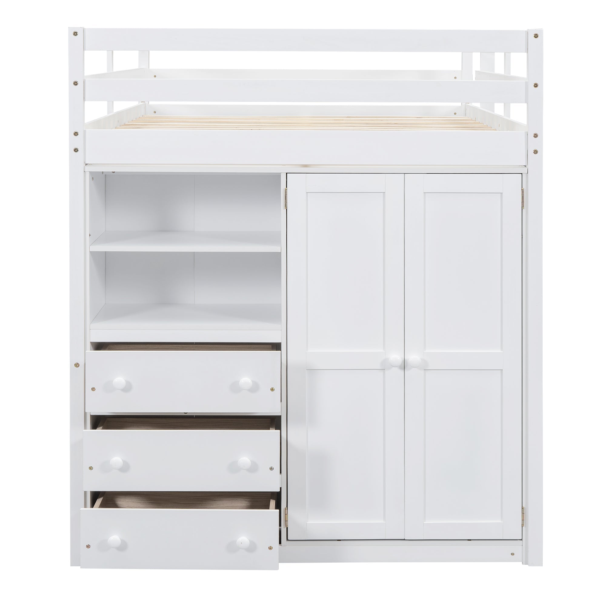 Full Size Loft Bed with Wardrobe, Desk & Storage Drawers — Pine Wood