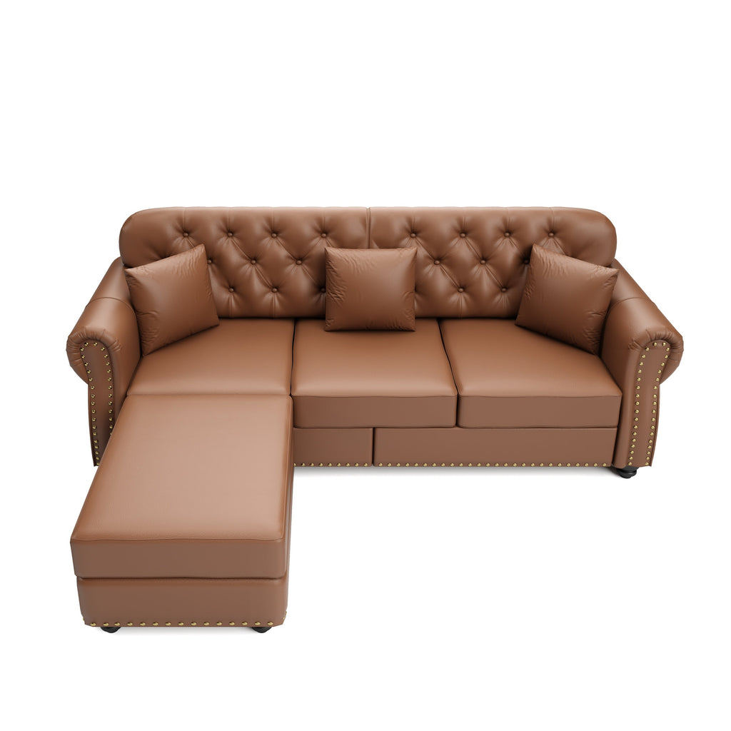 82.6'Upholstered Faux Leather Sofa with Nailhead Trim and Rolled Armrests,Mid-Century Modern Chesterfield Sofa with Button Tufted,Includes 3 Pillows,Black