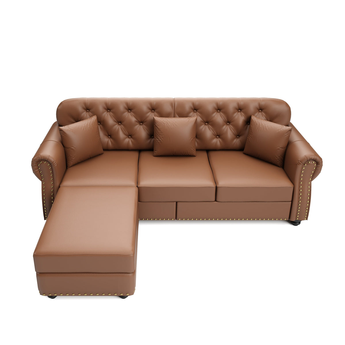 82.6'Upholstered Faux Leather Sofa with Nailhead Trim and Rolled Armrests,Mid-Century Modern Chesterfield Sofa with Button Tufted,Includes 3 Pillows,Black