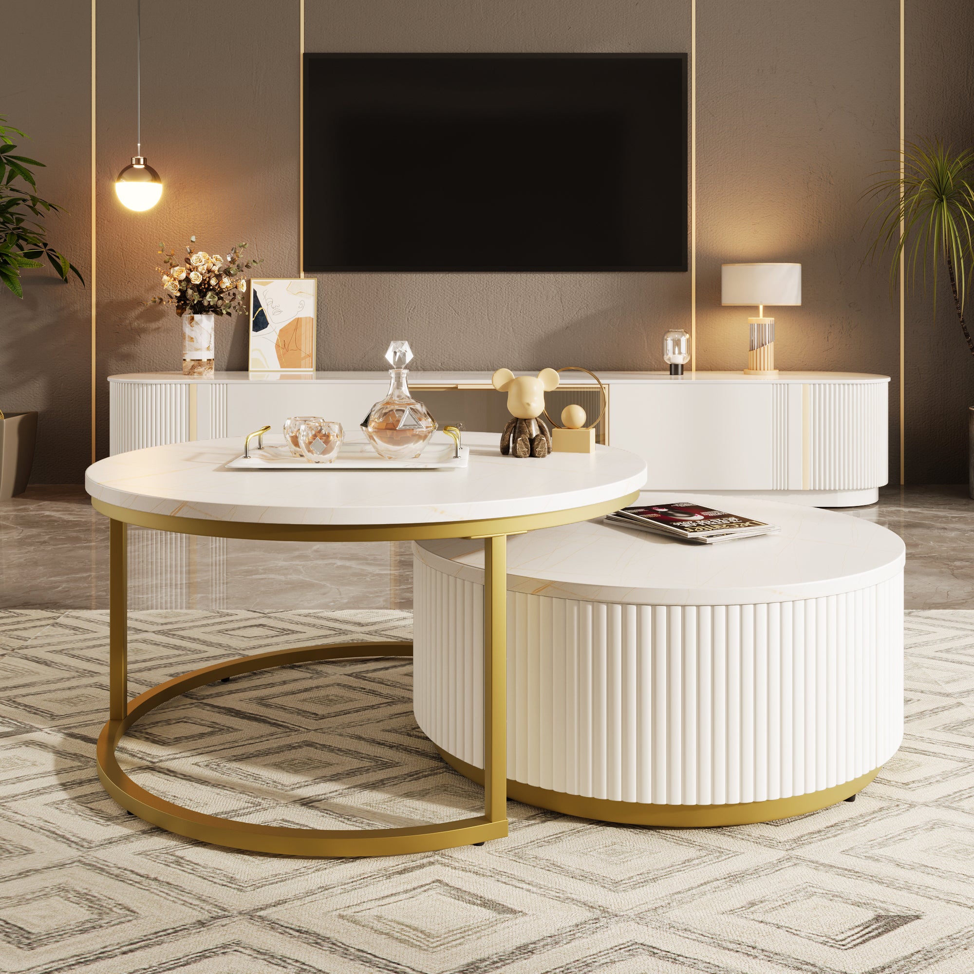 2-piece fluted nesting coffee table with drawer — overview